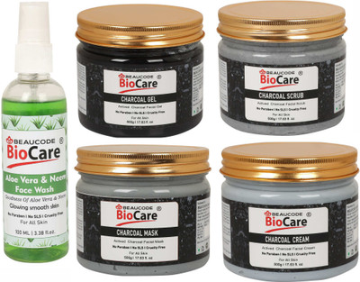 BEAUCODE BioCare Pack of-5, Charcoal Face and Body Gel & Cream & Mask & Scrub (500g) and Aloe Vera Face wash (100ml)(5 Items in the set)