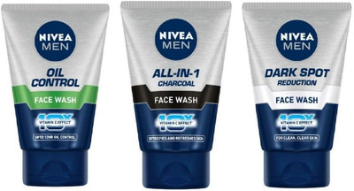 NIVEA Men Oil Control 100 ml , All in One Charcoal 100 ml , Dark Spot Reduction 100 ml (Pack of 3) Face Wash(300 ml)