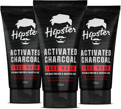 HIPSTER Activated Charcoal Facewash 100ml | Pack Of 3 | For Oil, Acne Pimple Control & Refreshing | Aloevera & Milk Protein | For Men & Woman Face Wash(300 ml)
