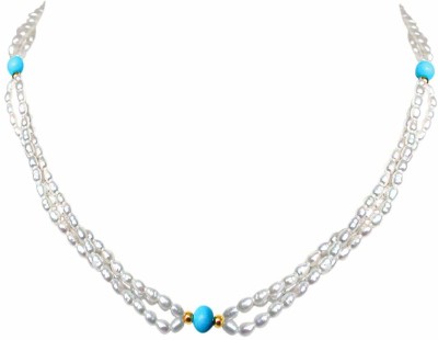 Surat Diamond 3 Line Twisted Real Pearl and Blue Turquoise Beads Necklace for Women Pearl, Turquoise Metal Chain