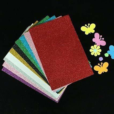 JAPSI Glitter Foam Sheet (Pack of 10) Sparkles Self Adhesive Sticky with Sticky Back Unruled A4 160 gsm Coloured Paper(Set of 1, Multicolor)