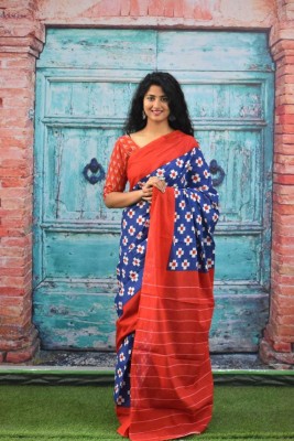 NIKHILAM Printed Daily Wear Pure Cotton Saree(Blue, Red)