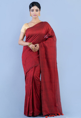 SUSHRITA BOUTIQUE Solid/Plain Bollywood Cotton Blend Saree(Red)