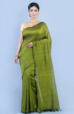 SUSHRITA BOUTIQUE Solid/Plain Bollywood Cotton Blend Saree(Green)