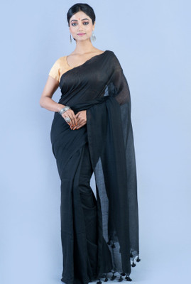 SUSHRITA BOUTIQUE Solid/Plain Daily Wear Cotton Blend Saree(Black)