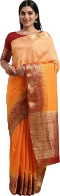 Shaily Retails Woven Banarasi Silk Blend Saree(Red, Orange)