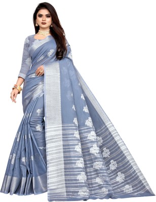 THESIYA FAB Printed Banarasi Cotton Linen, Art Silk Saree(Grey)