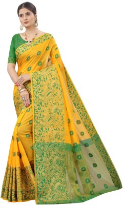 Om Fashions Woven Banarasi Cotton Blend Saree(Yellow)