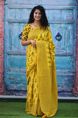 Craftmusium Printed, Color Block, Blocked Printed, Floral Print, Dyed Daily Wear Pure Cotton Saree(Yellow)