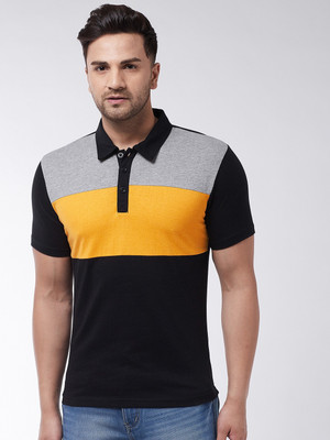 Gritstones Colorblock Men Polo Neck Black, Grey, Yellow T-Shirt