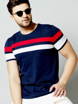 AUSK Colorblock Men Round Neck Blue, Red, White T-Shirt