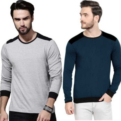 CLOFLIX Solid Men Round Neck Dark Blue, Grey T-Shirt