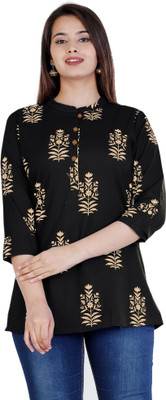siddhanam Casual 3/4 Sleeve Printed Women Black Top