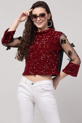 Amarcom Casual Embellished Women Maroon Top