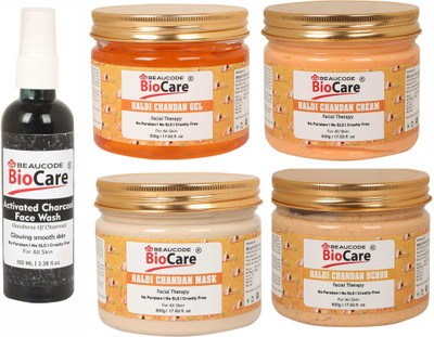 BEAUCODE BioCare Pack of-5, Haldi Chandan Face and Body Gel & Cream & Mask & Scrub (500g) and Activated Charcoal Face wash (100ml)(5 Items in the set)