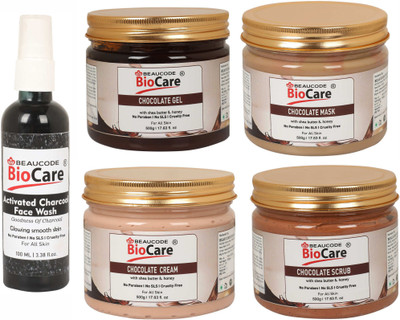 BEAUCODE BioCare Pack of-5, Chocolate Face and Body Gel & Cream & Mask & Scrub (500g) and Activated Charcoal Face wash (100ml)(5 Items in the set)