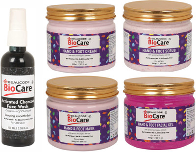 BEAUCODE BioCare Pack of-5, Hand & Foot Gel & Cream & Mask & Scrub (500g) and Activated Charcoal Face wash (100ml)(5 Items in the set)