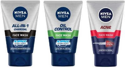 NIVEA Men All in One Charcoal 100 ml , Oil Control 100 ml , Acne 100 ml (Pack of 3) Face Wash(300 ml)