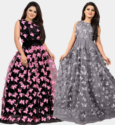 DECOFIN Flared/A-line Gown(Pink, Grey)