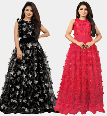 DECOFIN Flared/A-line Gown(Red, Black)