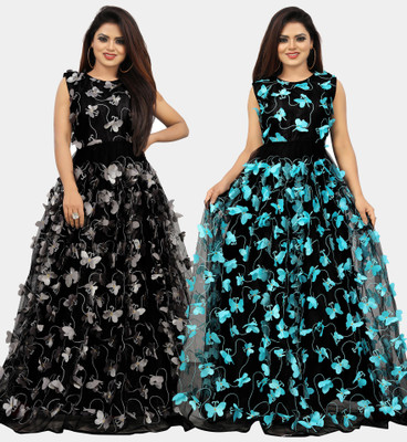 DECOFIN Flared/A-line Gown(Grey, Light Blue)