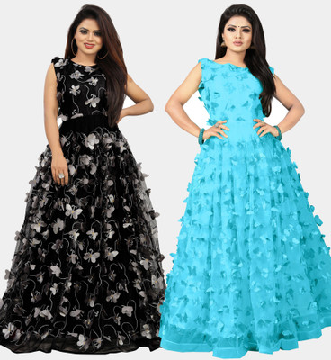 DECOFIN Flared/A-line Gown(Grey, Light Blue)