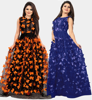 DECOFIN Anarkali Gown(Orange, Blue)