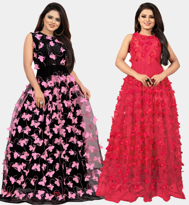 DECOFIN Flared/A-line Gown(Pink, Red)
