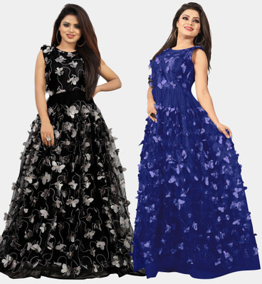 DECOFIN Flared/A-line Gown(Grey, Blue)