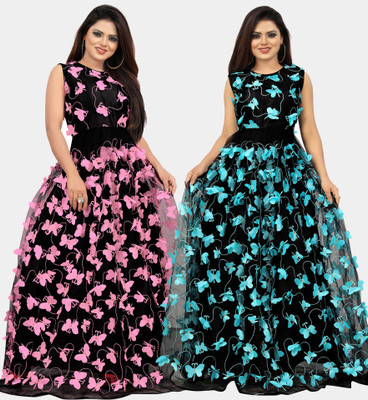 DECOFIN Anarkali Gown(Pink, Blue)
