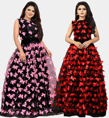 DECOFIN Flared/A-line Gown(Pink, Red)