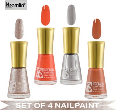 Kremlin KN11 Nail Paint - Copper Sand Finish, Golden Mirror Finish, Shiny Red Matte, Silver Mirror Finish - 10 ml Each Multicolor(Pack of 4)