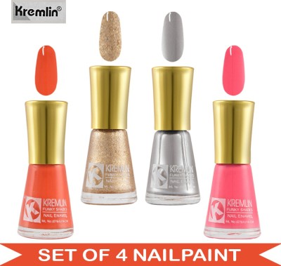 Kremlin KN11 Nail Paint - Shiny Red Matte, Rosy Pink Matte, Golden Sand Finish, Silver Mirror Finish - 10 ml Each Multicolor(Pack of 4)