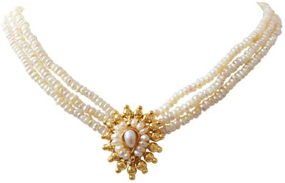 Surat Diamond Eternity - 4 Line Gold Plated Pendant & Freshwater Pearl Necklace for Women (SN5) Pearl Gold-plated Plated Metal Necklace