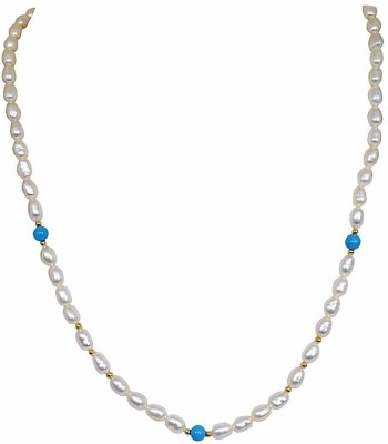 Surat Diamond Turquoise Twinkle - Single Line Real Rice Pearl & Turquoise Beads Necklace for Women (SN241) Pearl, Turquoise Metal Chain