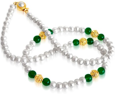 Surat Diamond Single Line Real Freshwater Pearl, Green Onyx Beads & Gold Plated Ball Necklace for Women (SN39) Onyx Gold-plated Plated Metal Chain