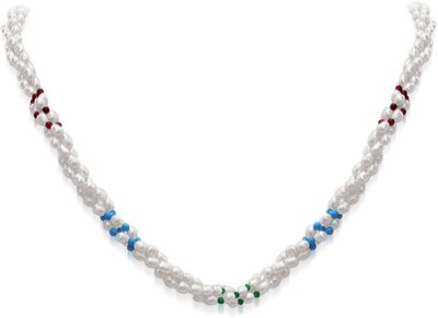 Surat Diamond 3 Line Twisted Real Pearl, Turquoise, Garnet & Green Onyx Beads Necklace for Women (SN304) Metal Chain
