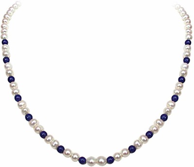 Surat Diamond Regalia - Single Line Real Freshwater Pearl & Blue Lapiz Beads Necklace for Women (SN19) Pearl, Lapis Lazuli Metal Chain