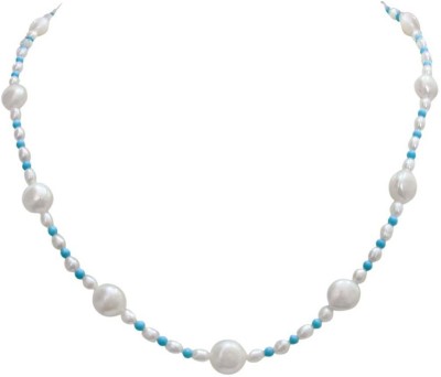 Surat Diamond Single line Real Freshwater & Rice Pearl & Round Blue Turquoise Beads Necklace (SN260) Pearl, Turquoise Metal Chain