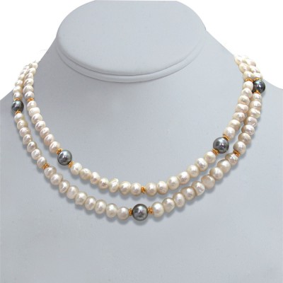 Surat Diamond 2 Line Real Pearl and Shell Pearl Necklace Pearl Metal Chain