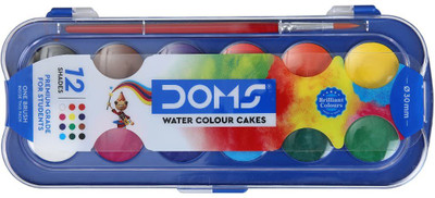 DOMS Non-Toxic 30mm Watercolour Cake Set with Paint Brush(Set of 12, Multicolor)