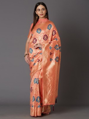 Divastri Printed, Temple Border, Woven Banarasi Jacquard, Art Silk Saree(Orange)