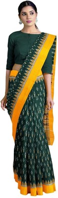 handloom paridhaan Printed Ikkat Pure Cotton Saree(Dark Green)