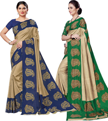 Novus Knitting Printed Daily Wear Art Silk Saree(Pack of 2, Beige)