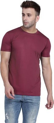 COBSUN Solid Men Round Neck Maroon T-Shirt