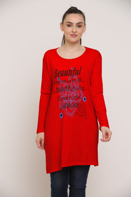 Ddaspration Printed Women Round Neck Red T-Shirt