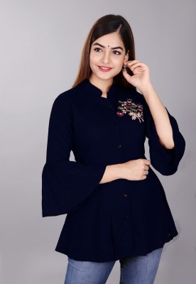 Ravindra Fashions Casual Embroidered Women Blue Top