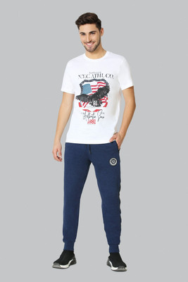 VAN HEUSEN Men Blue Solid Zipper Pocket Drawstring Waist Joggers Solid Men Blue Track Pants