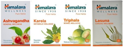 HIMALAYA Ashvagandha General, Karela Metabolic, Triphala Bowel And Lasuna Cardiac Wellness (Pacl of 4)(Pack of 4)