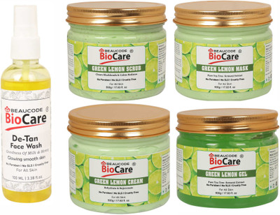 BEAUCODE BioCare Pack of-5, Green Lemon Face and Body Gel & Cream & Mask & Scrub (500g) and De-Tan Face wash (100ml)(5 Items in the set)